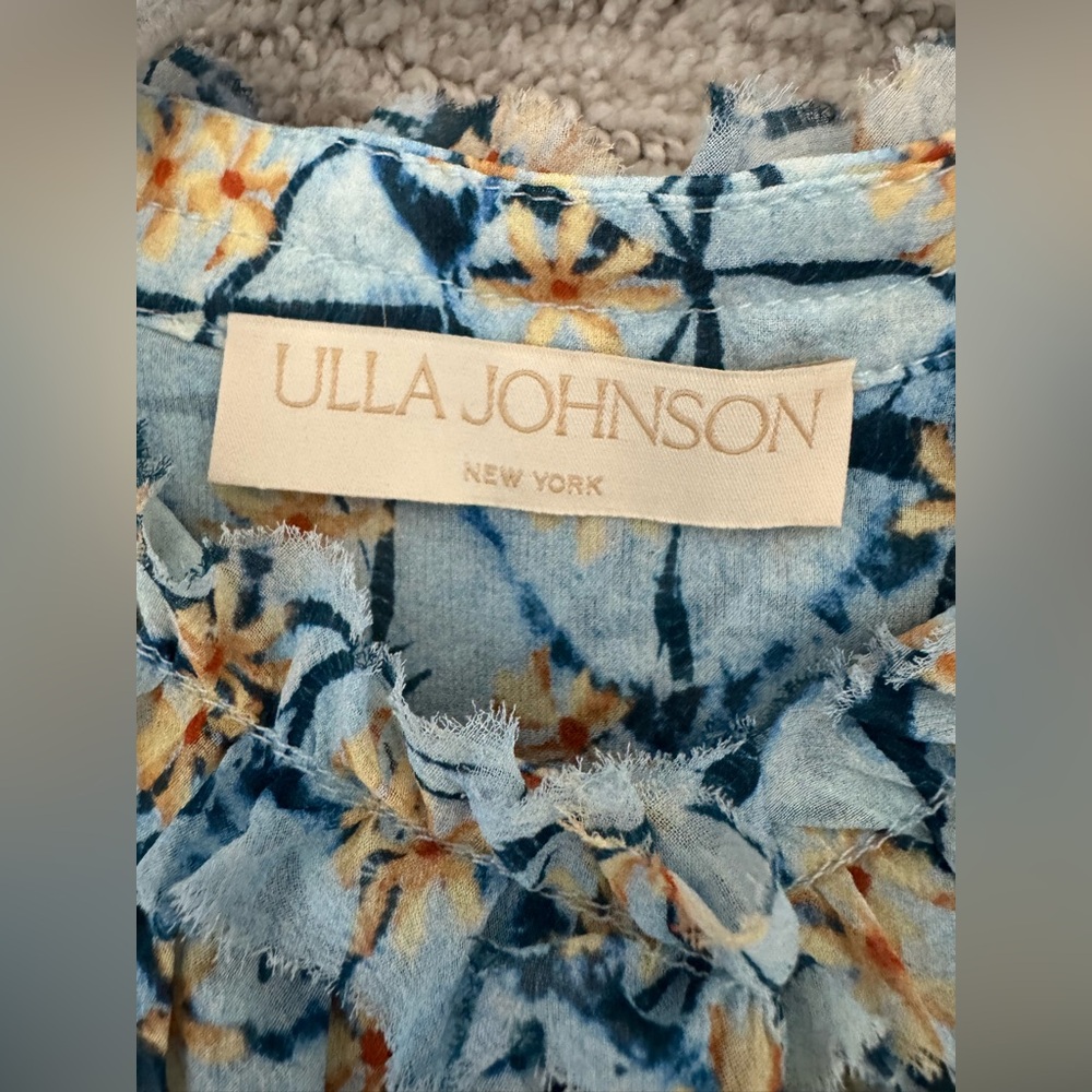Ulla Johnson Adira Silk Puff Sleeve Button Top Blue Floral Print Poplin Size 0 - Picture 7 of 10